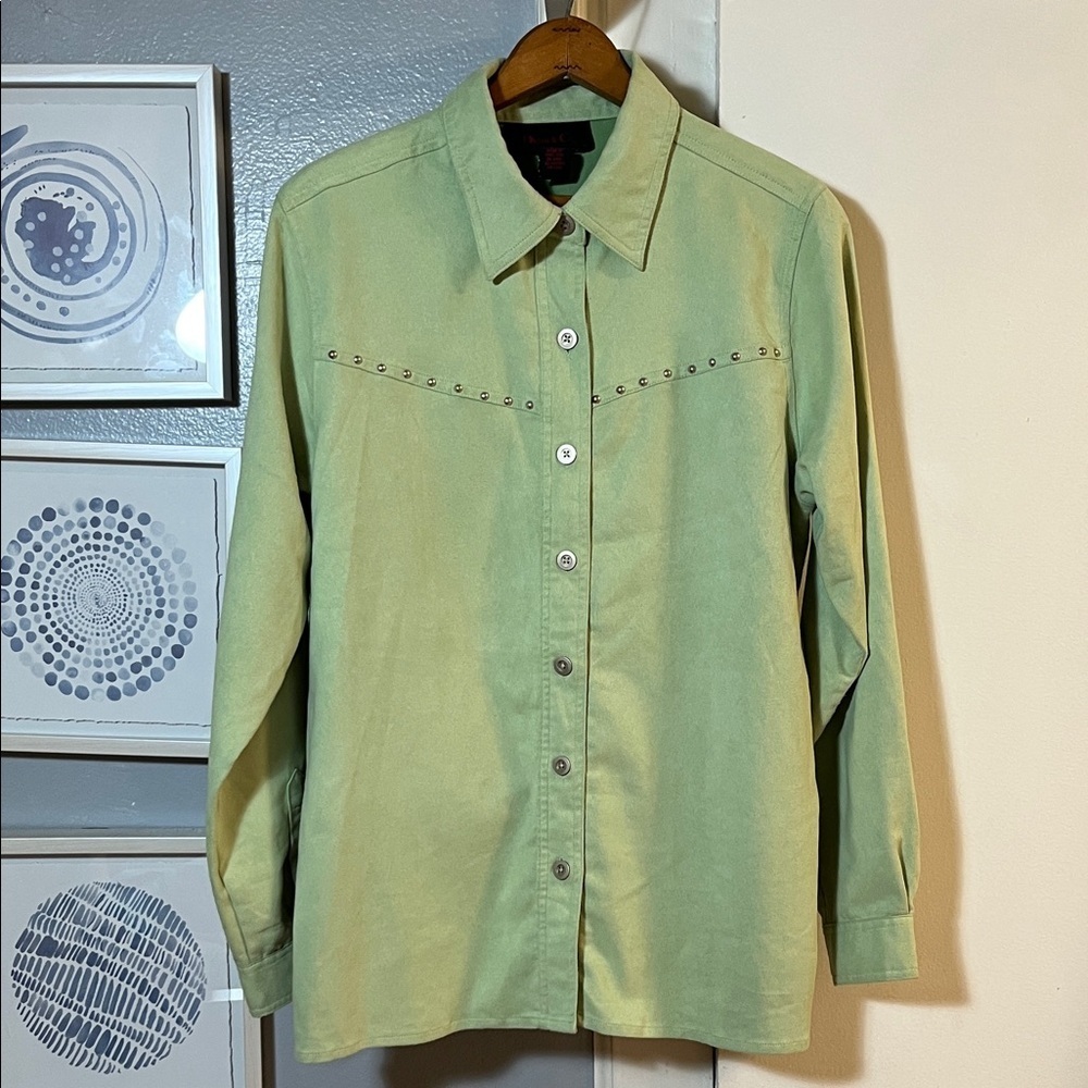 Denim&Co Western Studded Detail Light Green Faux Suede Button Down Shirt Size M